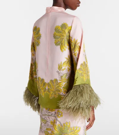 La Doublej Make An Exit Feather-trimmed Silk Twill Top In Multi