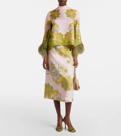 La Doublej Make An Exit Feather-trimmed Silk Twill Top In Multi