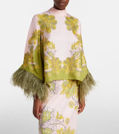 La Doublej Make An Exit Feather-trimmed Silk Twill Top In Multi