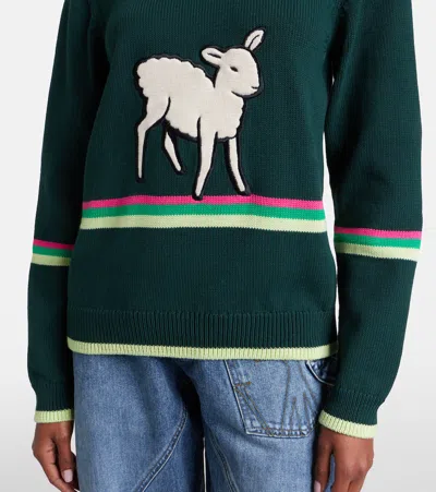 Jw Anderson Sheep Embroidered Striped Cotton Sweater In Green