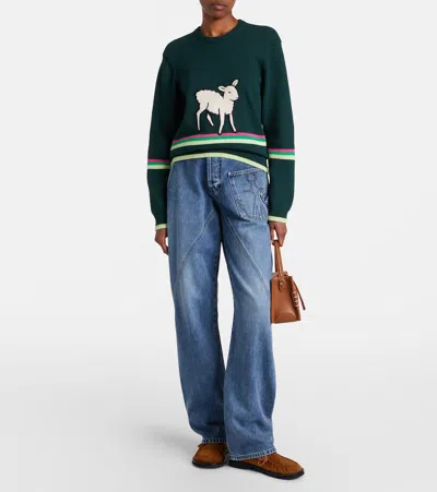 Jw Anderson Sheep Embroidered Striped Cotton Sweater In Green
