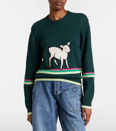 Jw Anderson Sheep Embroidered Striped Cotton Sweater In Green