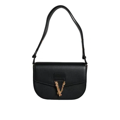 Versace Black Grainy Calf Leather Logo Crossbody Shoulder Bag In Black