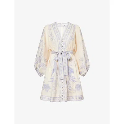Zimmermann Womens Indra Plunge Linen Mini Dress Cream Lilac Floral In Multi
