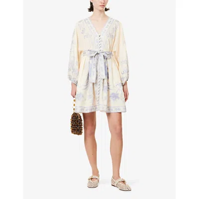 Zimmermann Womens Indra Plunge Linen Mini Dress Cream Lilac Floral In Multi