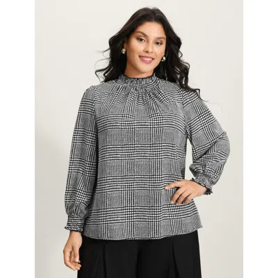 Bloomchic Houndstooth Pattern Ruffled Collar Blouse In Gray
