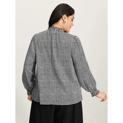 Bloomchic Houndstooth Pattern Ruffled Collar Blouse In Gray