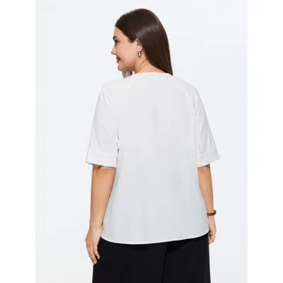 Bloomchic Pleated Split Neckline Placket Blouse In White
