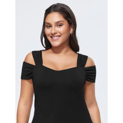 Bloomchic Elegant Stretchy Cold-shoulder Plain Top In Black