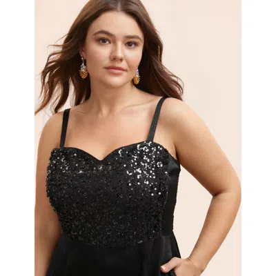 Bloomchic Sequin Patchwork Split Hem Cami Dress In Black