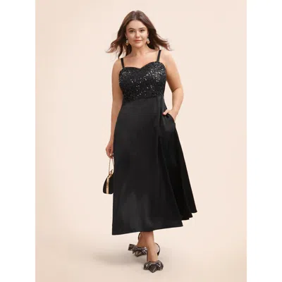 Bloomchic Sequin Patchwork Split Hem Cami Dress In Black