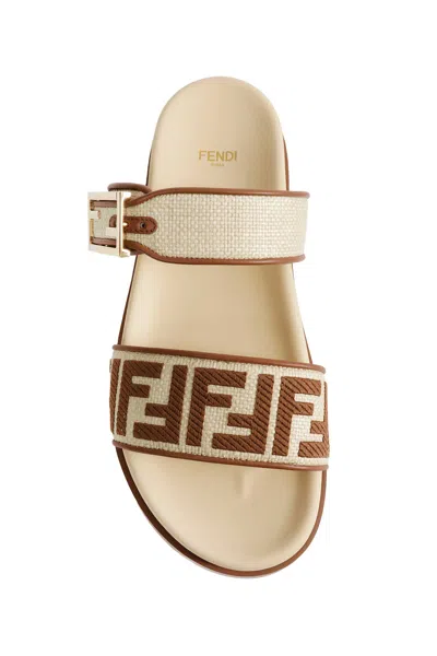 Fendi Feel Beige Raffia-effect Material Slides In Neutral