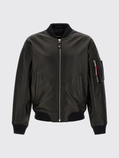 Dsquared2 Leather Jacket Front Pockets Ribbed Cuffs In Black