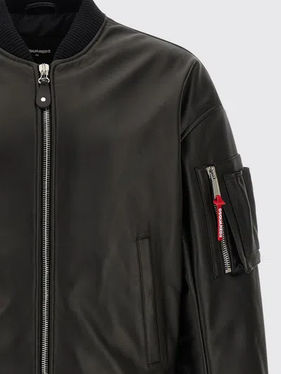 Dsquared2 Leather Jacket Front Pockets Ribbed Cuffs In Black