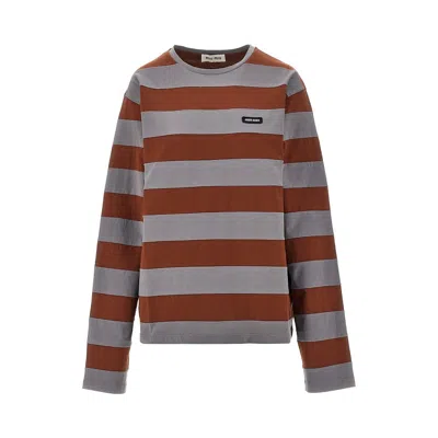 Miu Miu Cotton T-shirt With Striped Pattern In Brown