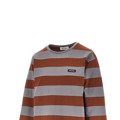 Miu Miu Cotton T-shirt With Striped Pattern In Brown
