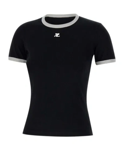 Courrèges Courreges Women Cotton T Shirt With Contrasting Profiles In Black