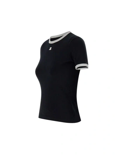 Courrèges Courreges Women Cotton T Shirt With Contrasting Profiles In Black