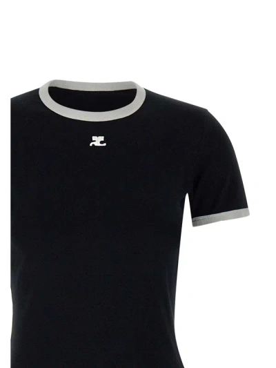 Courrèges Courreges Women Cotton T Shirt With Contrasting Profiles In Black
