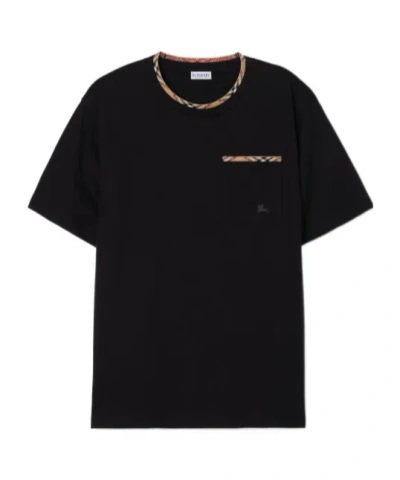 Burberry Cotton Logo T-shirt With Checkered Trim And Chest Pocket In Black