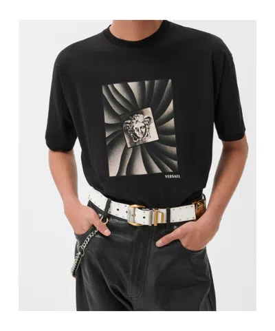 Versace Printed Cotton-jersey Regular T-shirt In Black