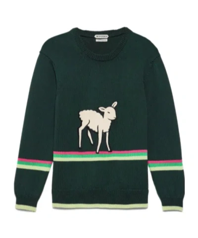 Jw Anderson Sheep Embroidered Striped Cotton Sweater In Green