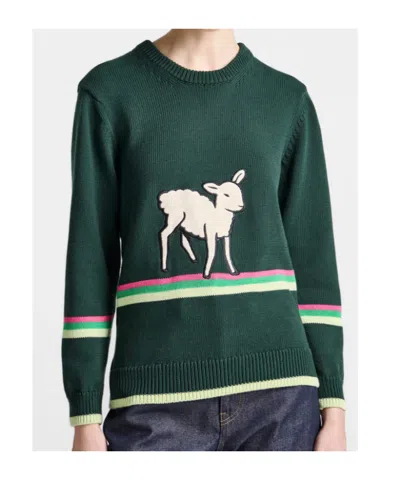 Jw Anderson Sheep Embroidered Striped Cotton Sweater In Green