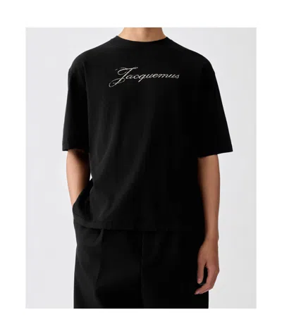 Jacquemus Relaxed Fit Black T-shirt With Cursive Script Logo In Black