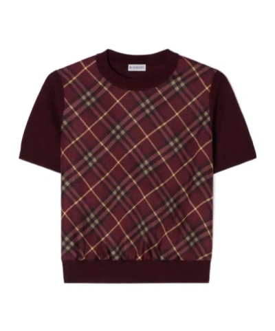 Burberry Check Panel Wool Silk T-shirt In Burgundy