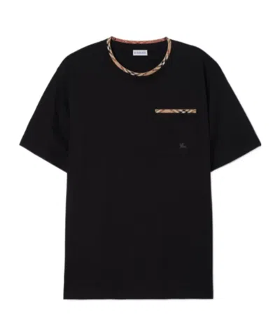 Burberry Cotton Logo T-shirt With Checkered Trim And Chest Pocket In Black