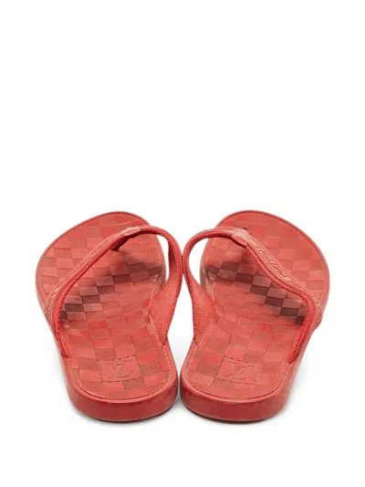 Pre-owned Louis Vuitton Check-textured Thong Flip Flops In Red