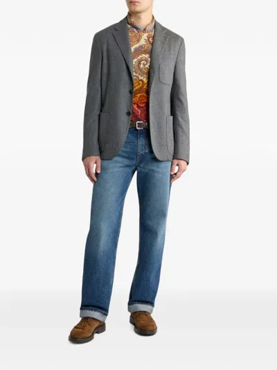 Etro Single-breasted Jacket In Plain-coloured Wool-blend Flannel In Multi
