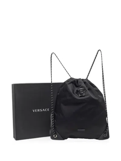 Pre-owned Versace La Medusa Drawstring Backpack In Black