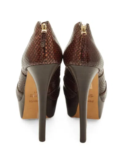 Pre-owned Fendi Python-embossed Peep-toe Sandals In Brown