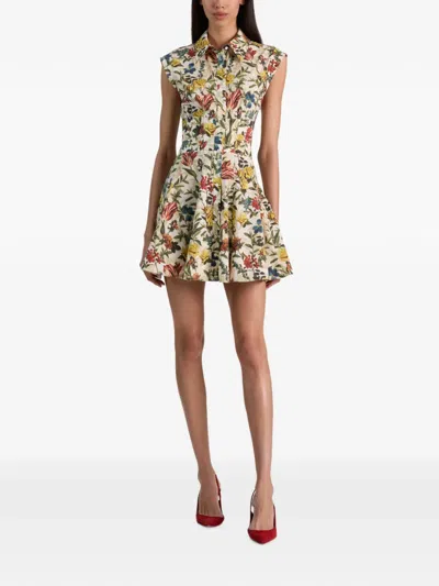 Alice And Olivia Kim Paneled Corset Flared Mini Shirt Dress Desert Springs Vanilla In Brown
