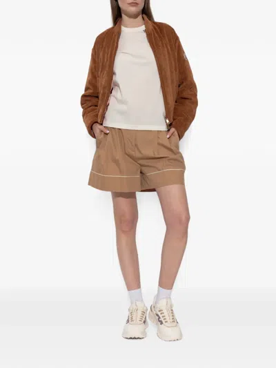Moncler Logo-patch Piped Shorts In Brown