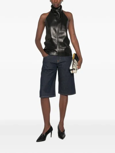 Khaite Kinga Mid-rise Straight-leg Shorts In Blue