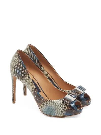 Pre-owned Ferragamo Vara Bow Python-embossed Heeled Pumps In Neutral