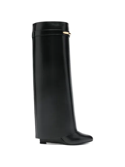 Givenchy Women Black Sandals With Logo Plaque On The Front And High Wedge Heel In Leather Woman In Black