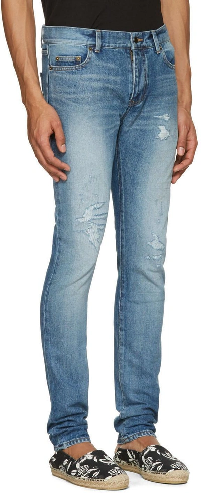 Shop Saint Laurent Blue Low Waisted Skinny Jeans