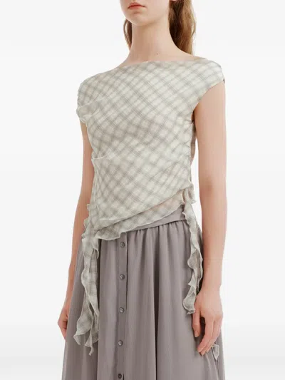 B+ab Check-pattern Ruffled Top In White