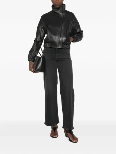 Vince Leather Bomber Jacket In Black
