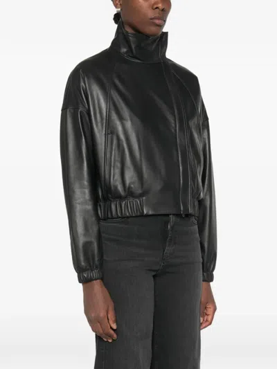Vince Leather Bomber Jacket In Black