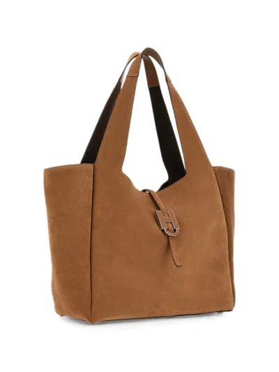 Hogan Rectangular Suede Tote Bag Top Handle Buckle In Brown