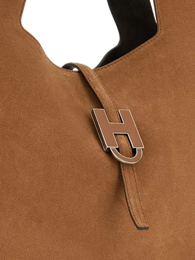 Hogan Rectangular Suede Tote Bag Top Handle Buckle In Brown