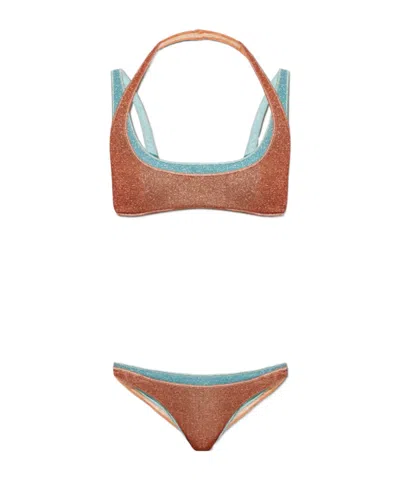Oseree Metallic-effect Layered Bikini In Brown