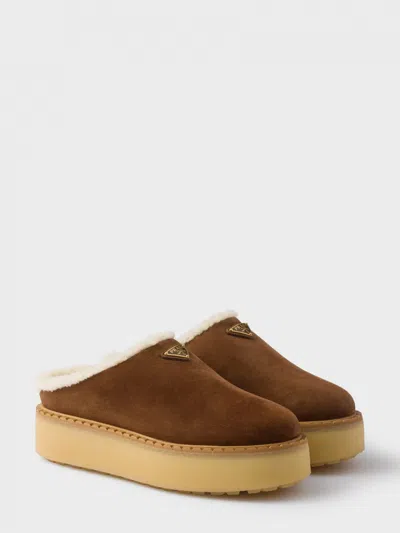 Prada Brown Suede Mules With Shearling Trim And Plush Lining In Brown