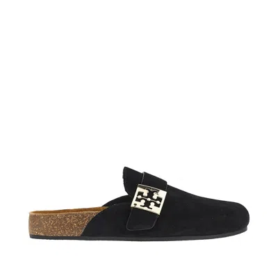 Tory Burch Mellow Black Slip-on Mule With Metallic Logo Buckle In Suede Woman In Black