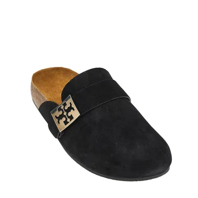 Tory Burch Mellow Black Slip-on Mule With Metallic Logo Buckle In Suede Woman In Black