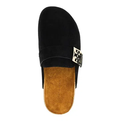 Tory Burch Mellow Black Slip-on Mule With Metallic Logo Buckle In Suede Woman In Black